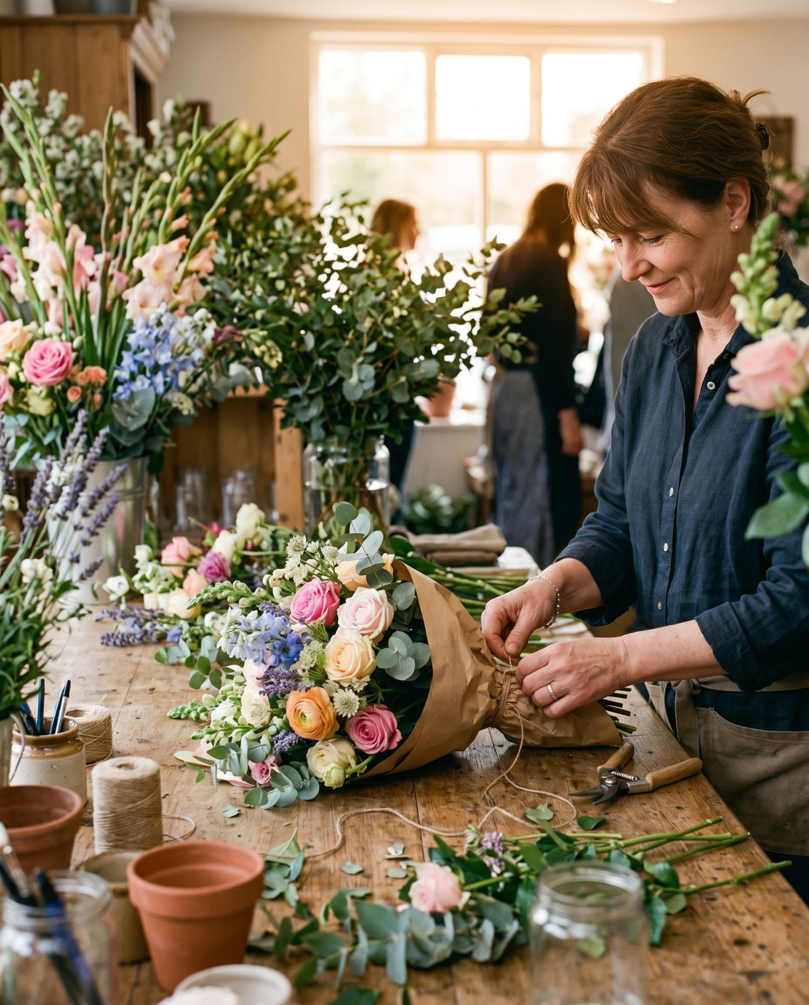 The florist arranging stems at the bench