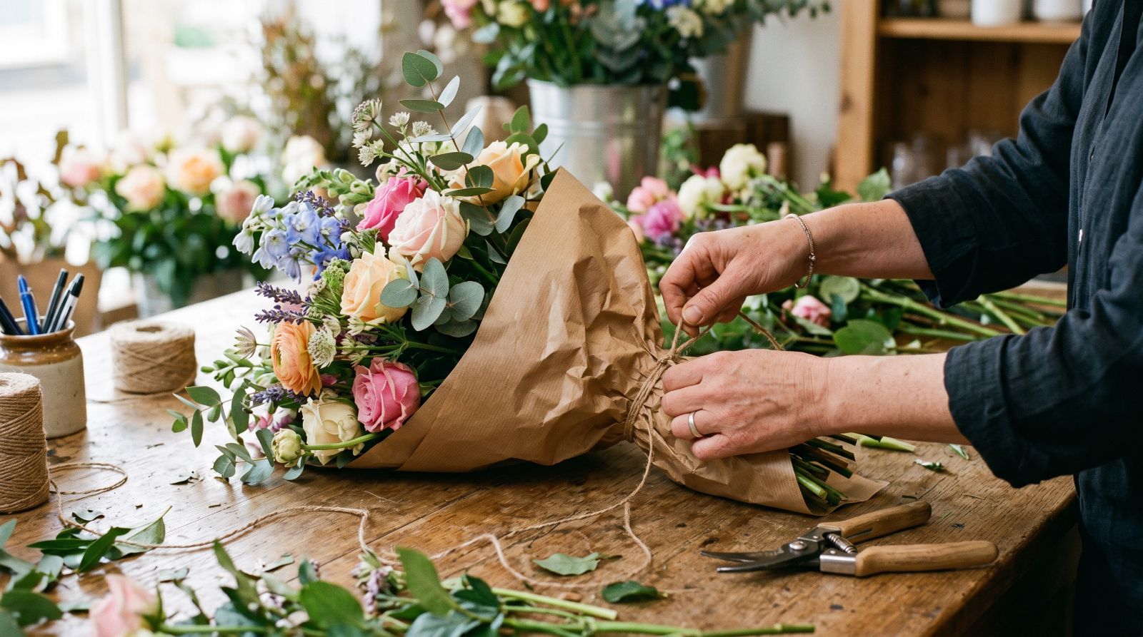 Hands tying a seasonal bouquet